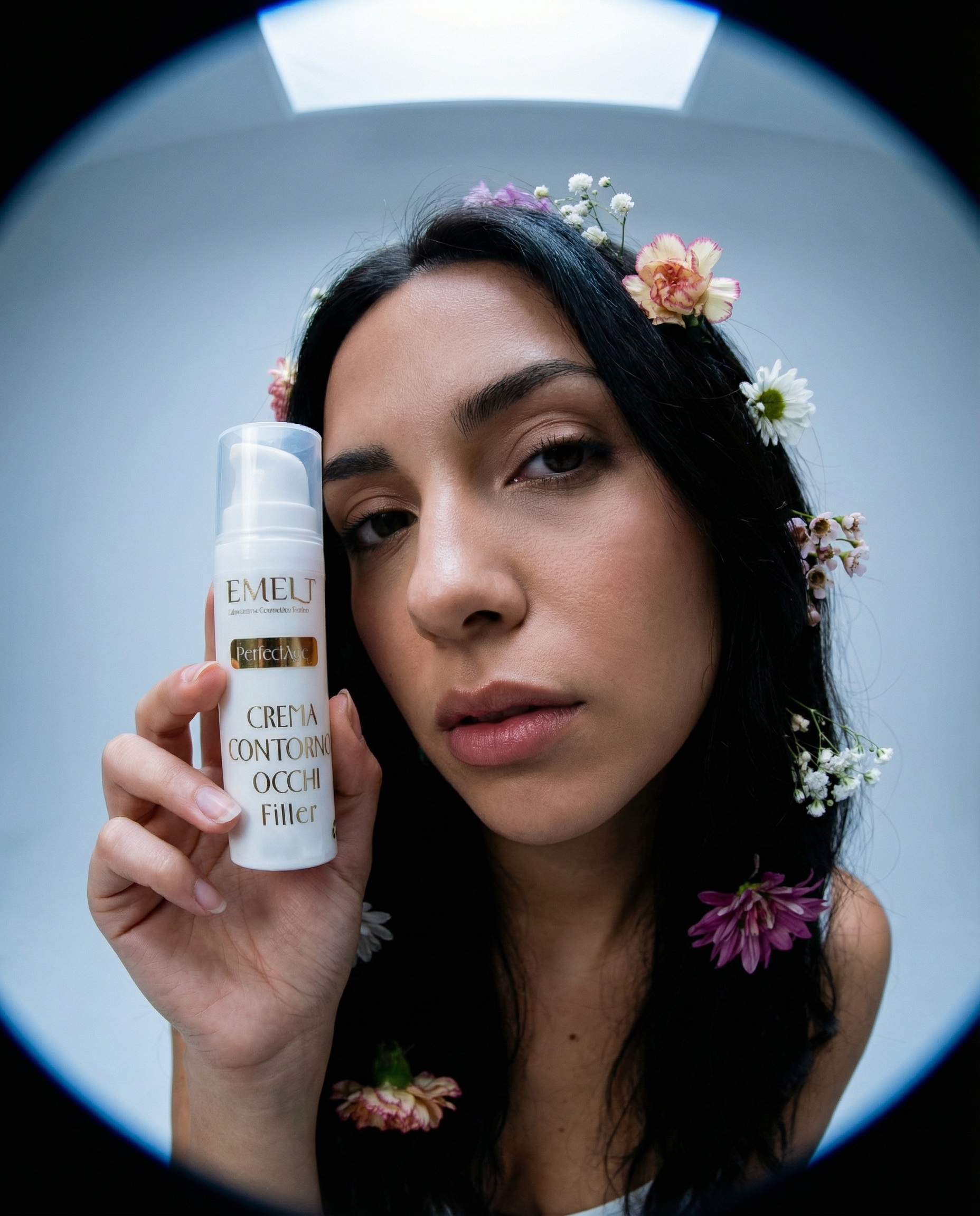 Campagna EMELT con modella e crema contorno occhi